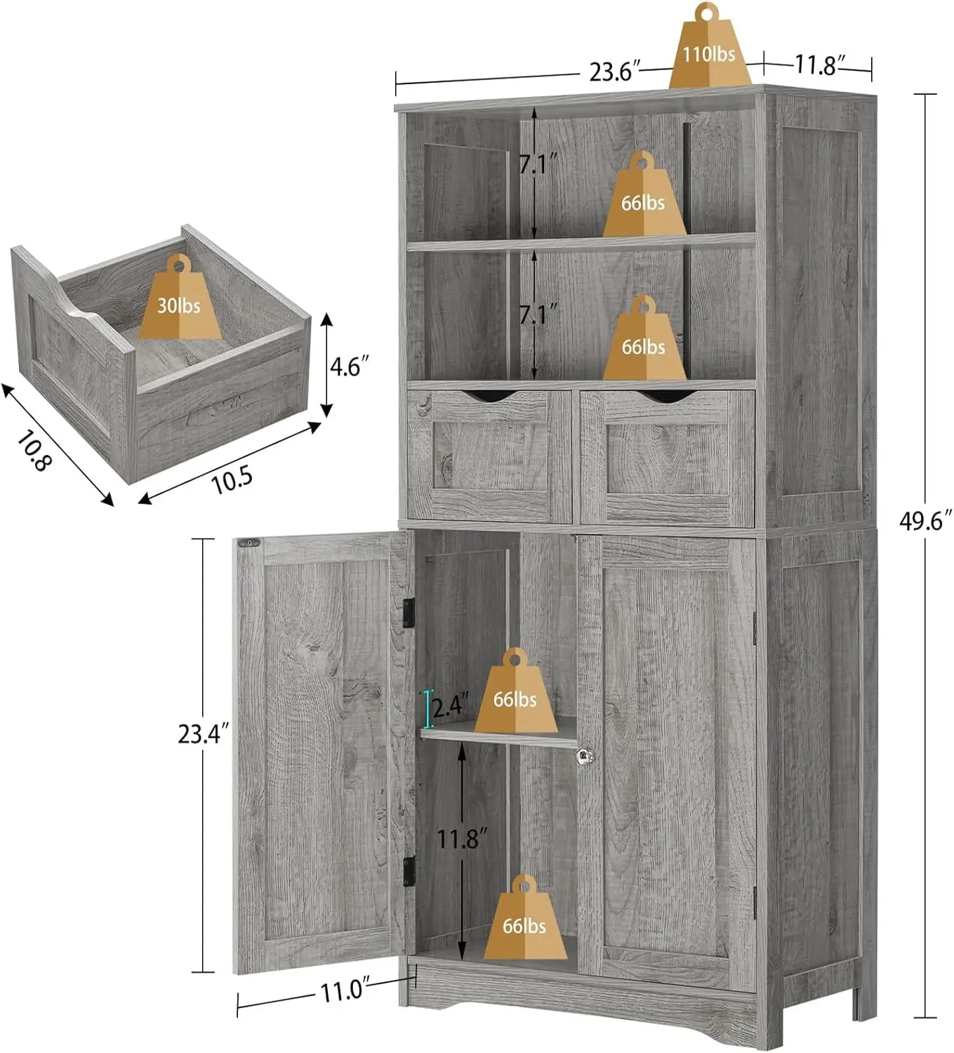 Tall Storage Cabinet with 2 Drawers, Adjustable