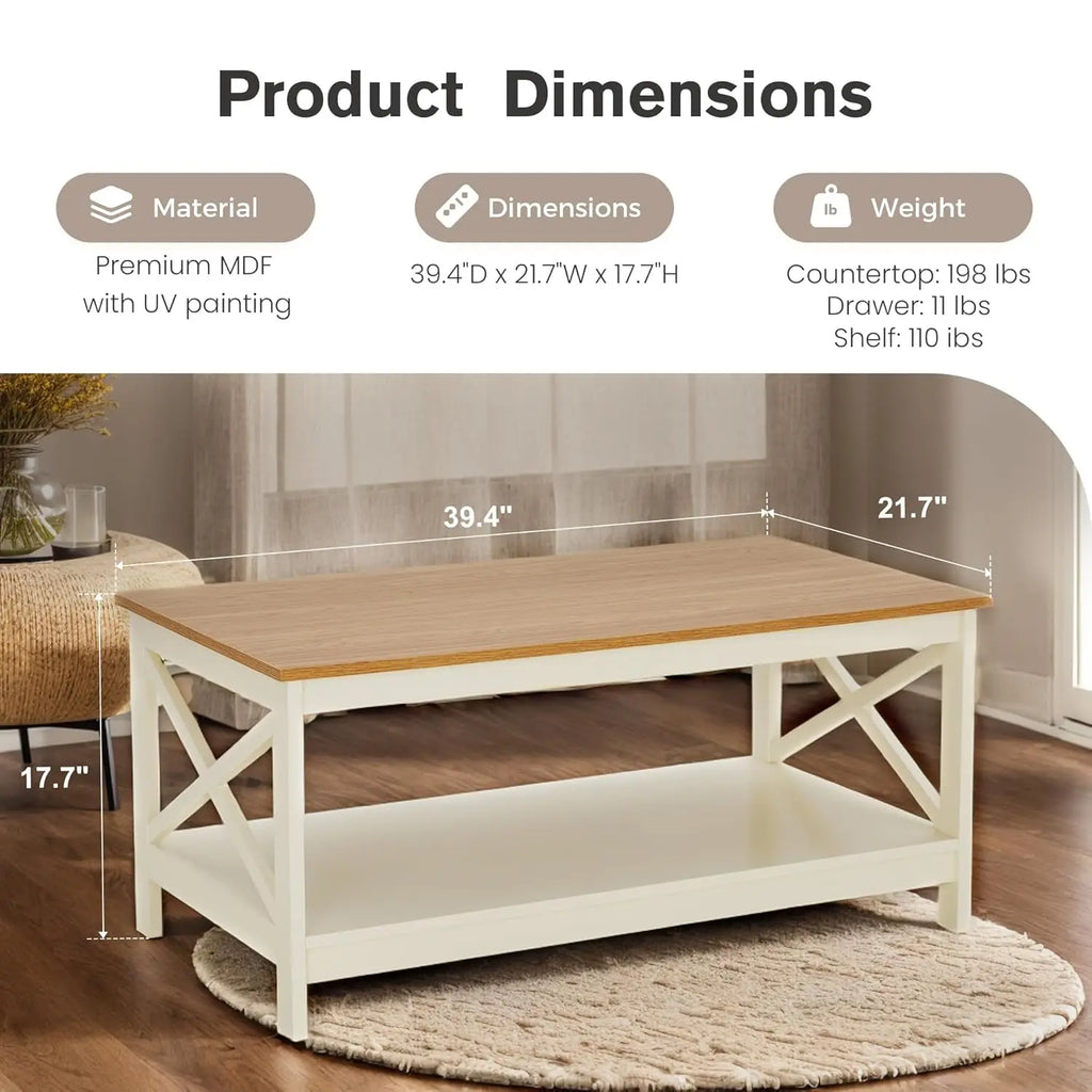 Farmhouse Coffee Table for Living Room, White