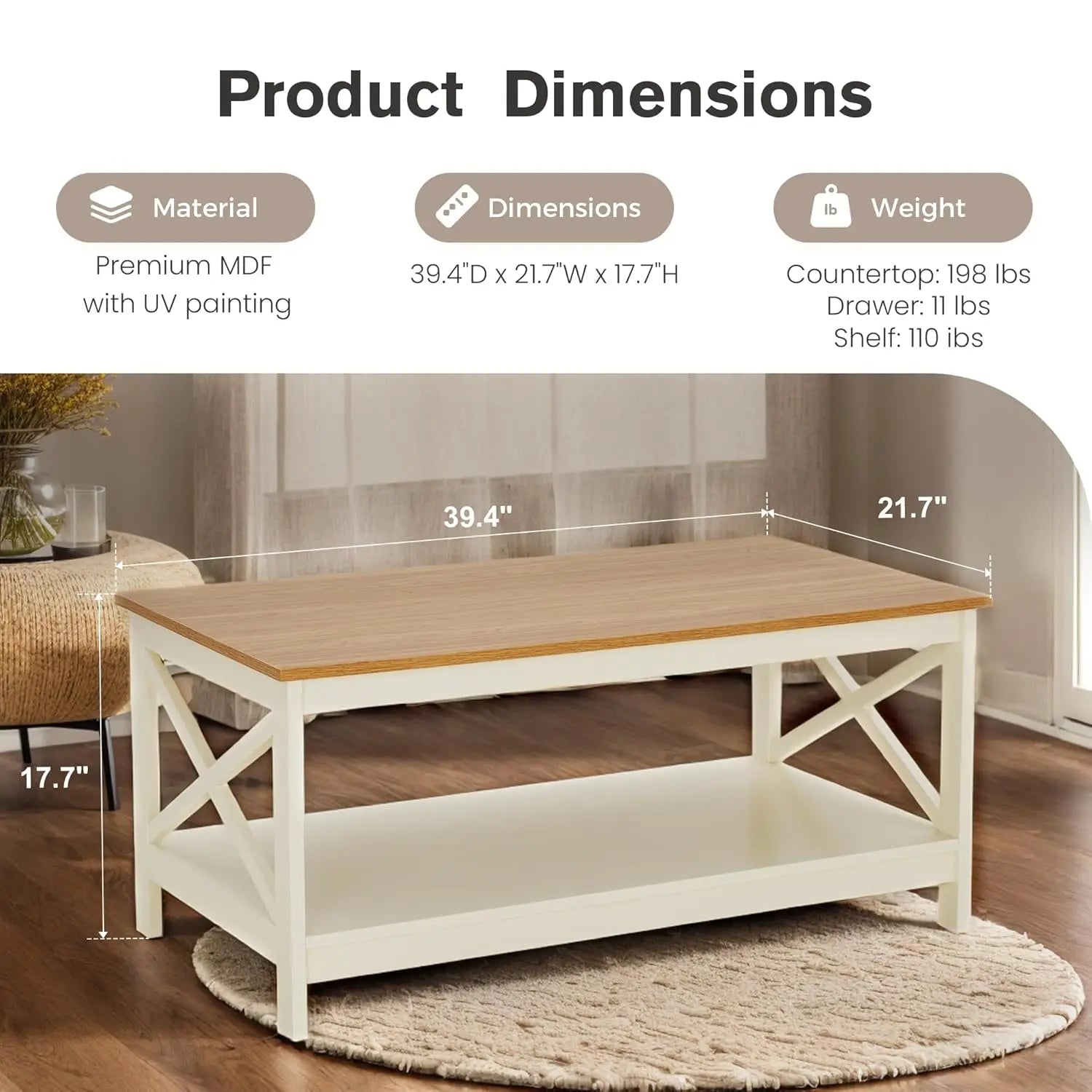Farmhouse Coffee Table for Living Room, White