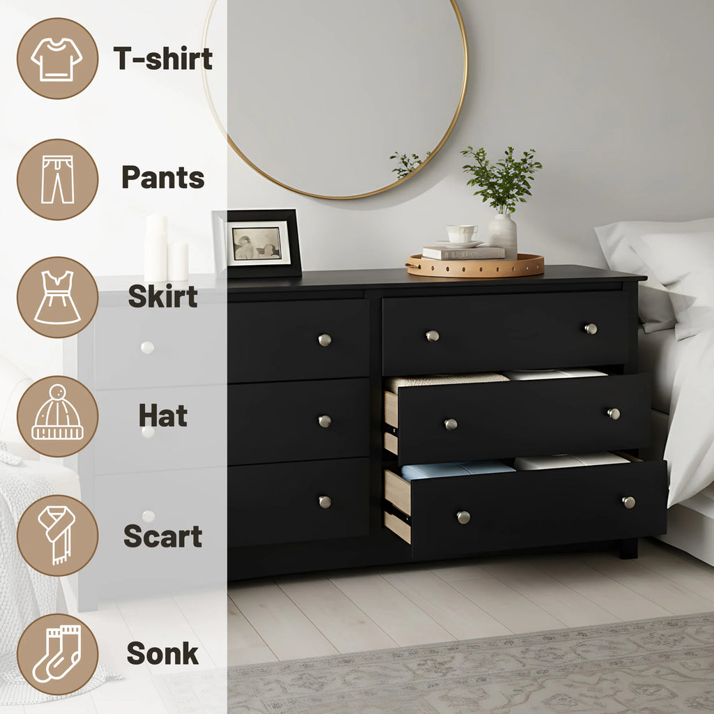 JHK 59IN Wood 6 Dresser Drawers Cabinet