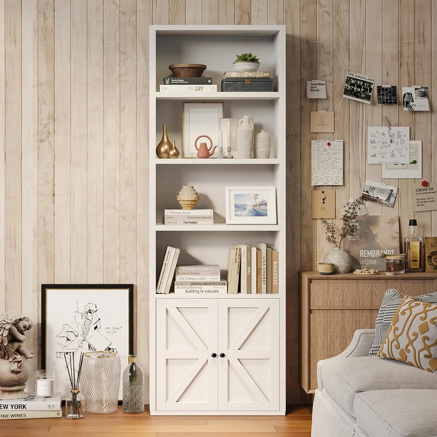 6-Tier 71" Wooden Bookshelf with Doors, Modern