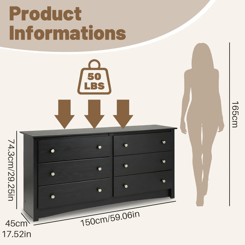 JHK 59IN Wood 6 Dresser Drawers Cabinet